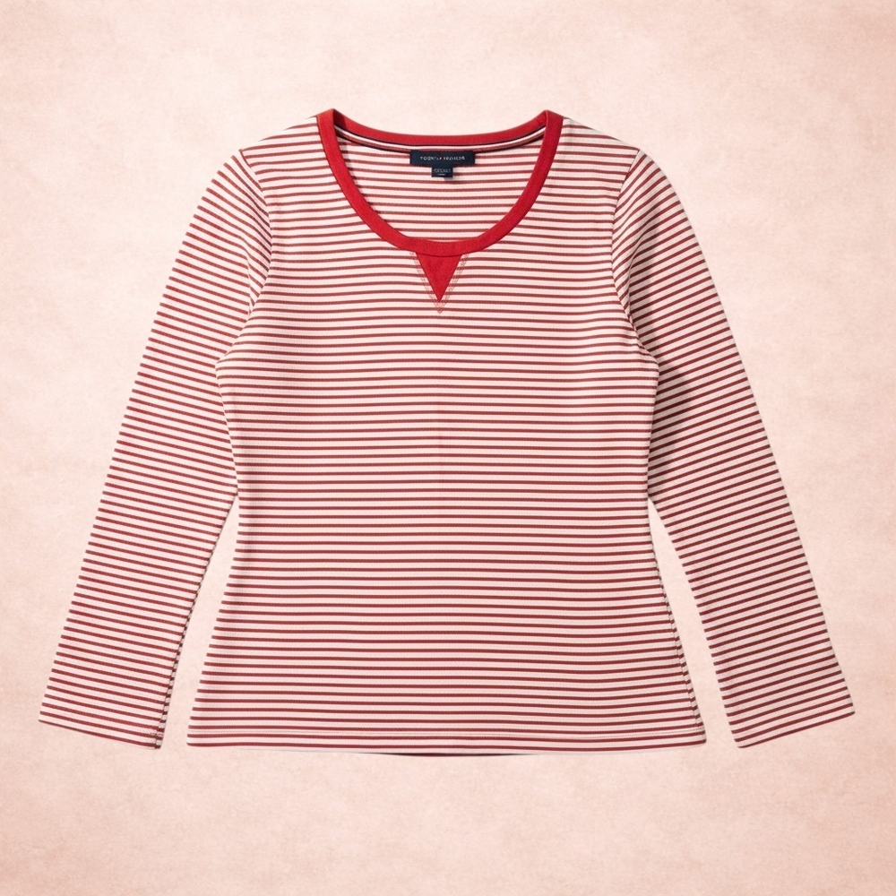 Tommy Hilfiger Womens Medium Red White Striped Long Sleeve Split Neck Top